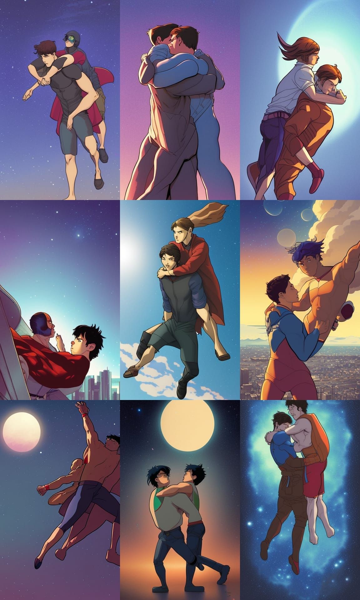 Superhero Couple Flying in the Night Sky