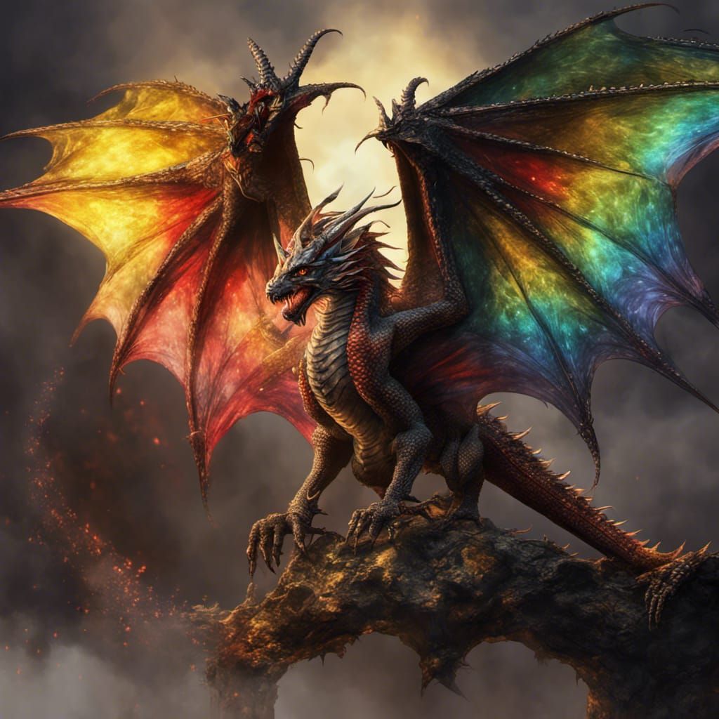 Rainbow-Eyed Dragon in Flight: Dark Fantasy Art