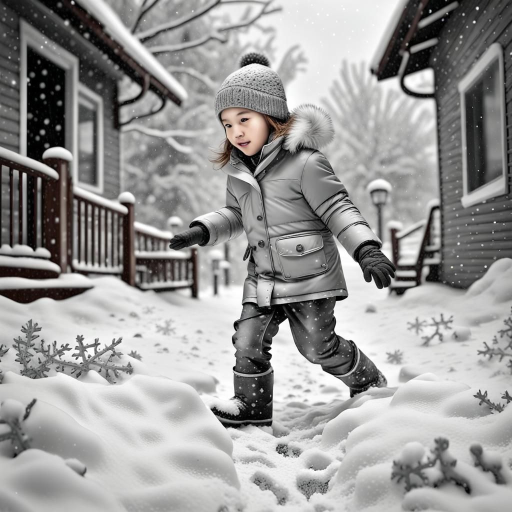 Childhood Snow Day in Silver-Accented Greyscale