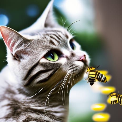 Cat and Bee Play in Natural Light Photography