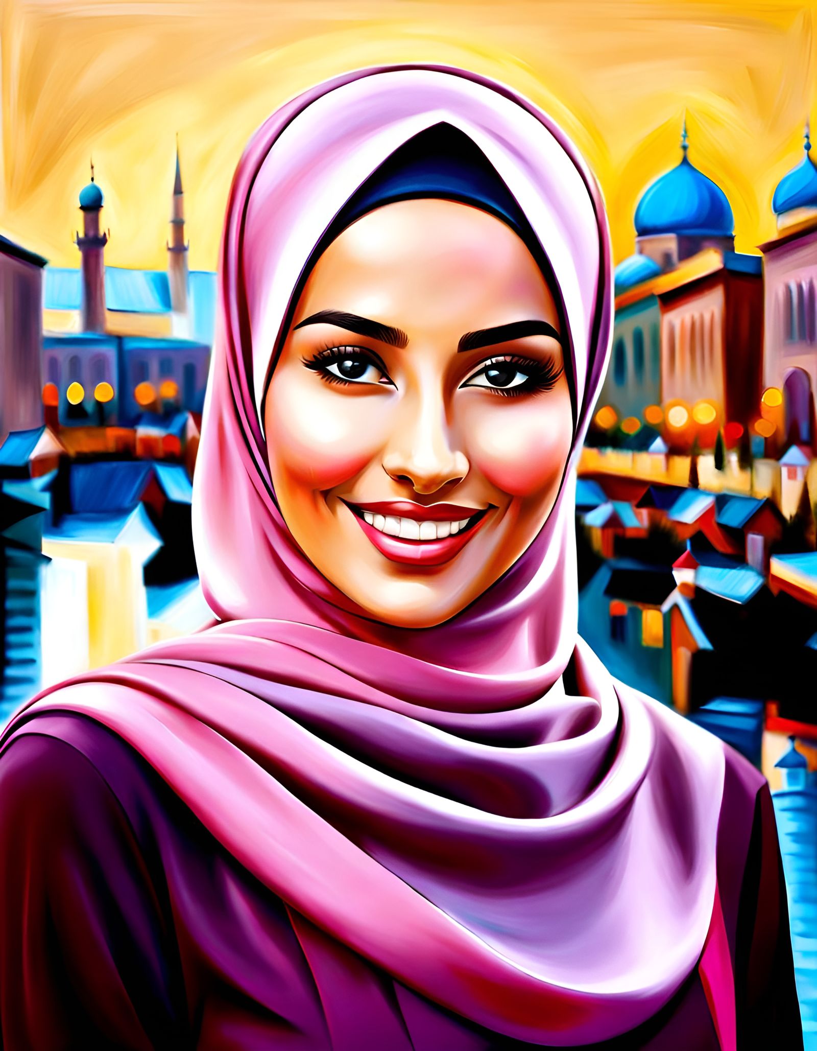 Elegant Hijabi Woman Smiling in Oil Painting Style