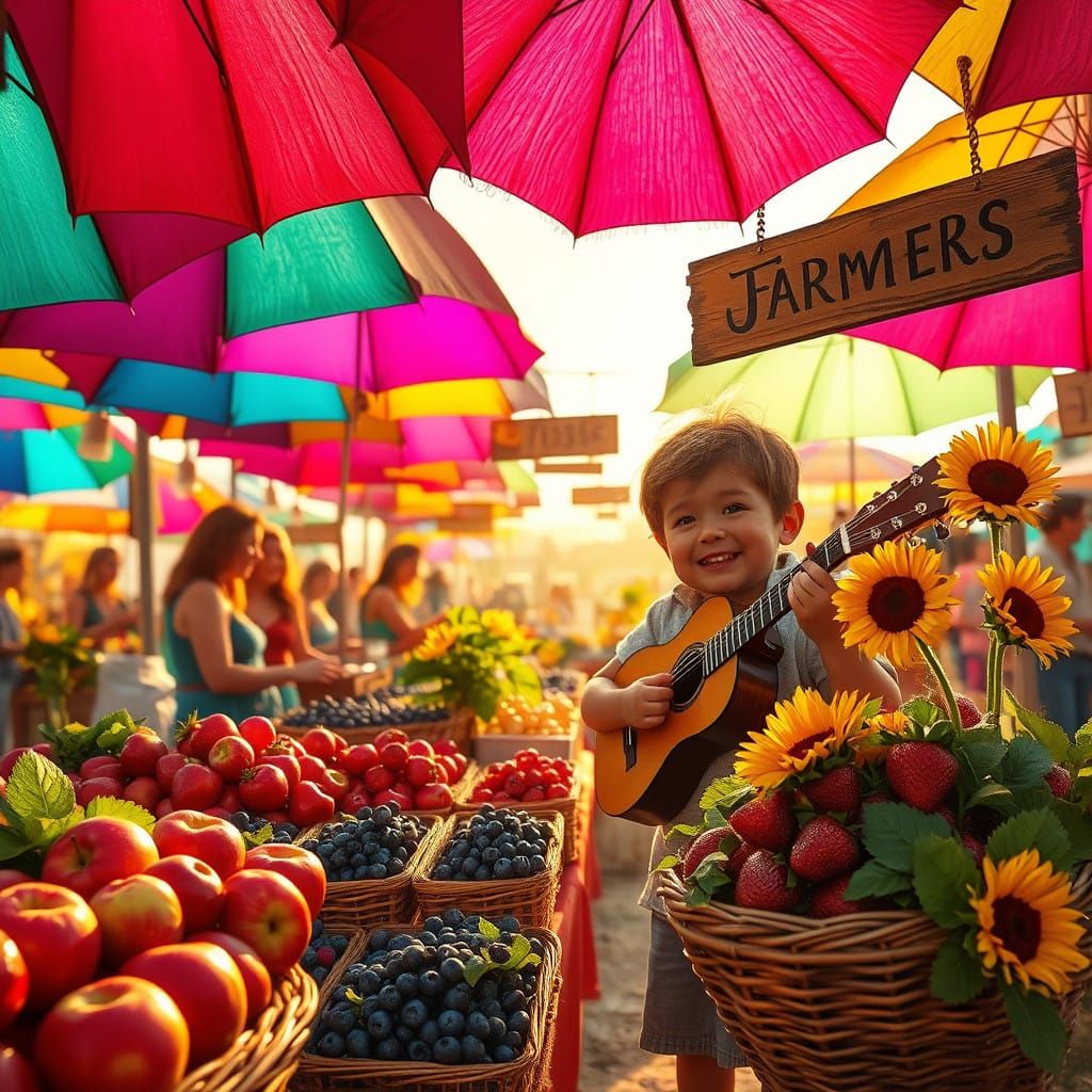 Whimsical Farmer's Market at Dawn, Bathed in Warm Golden Lig...