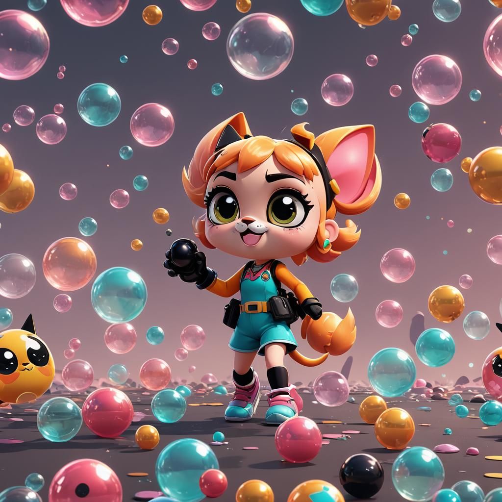 Bubbles Playing Video Games with Cat, Digital Art