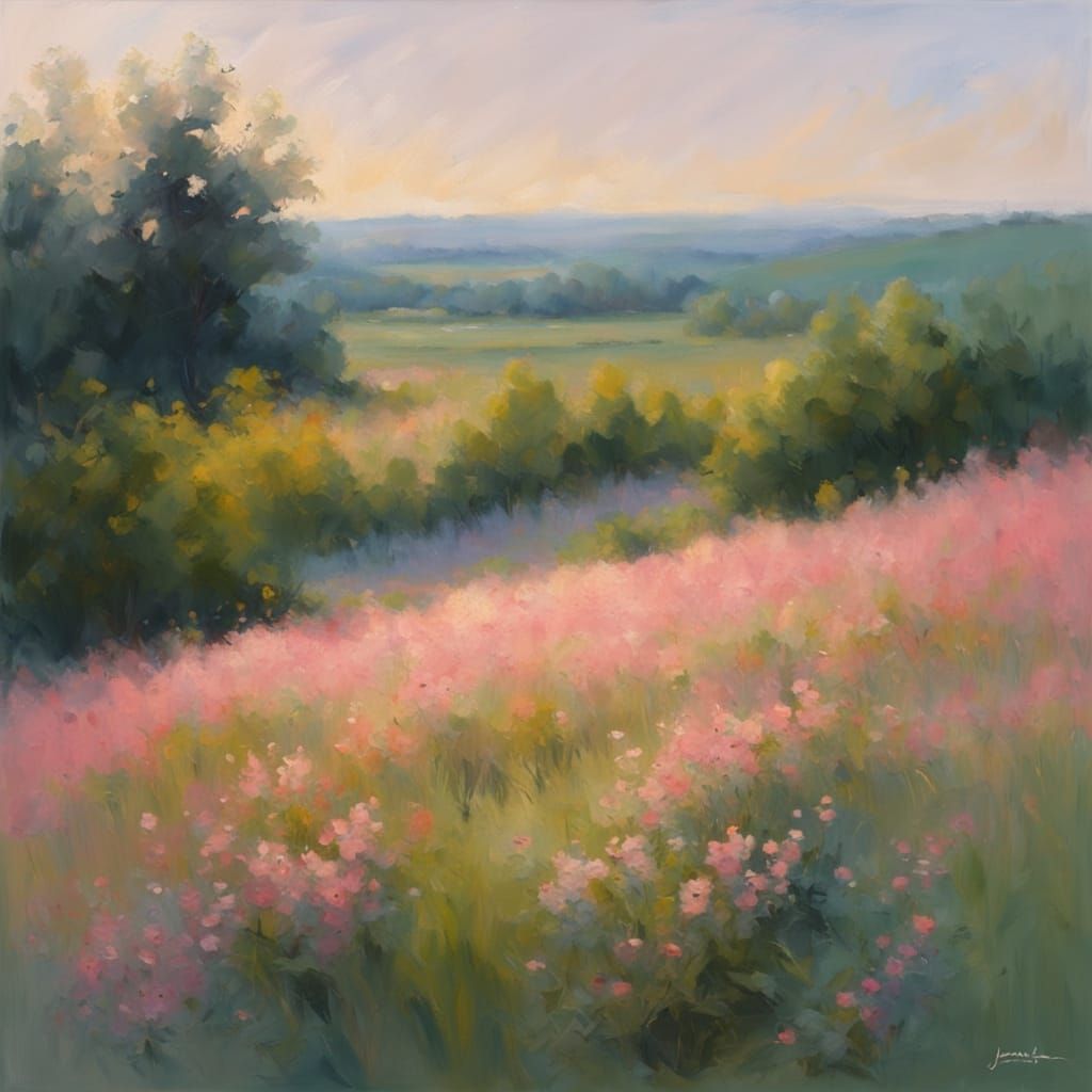 Impressionist Meadow Scene in Soft Pastels