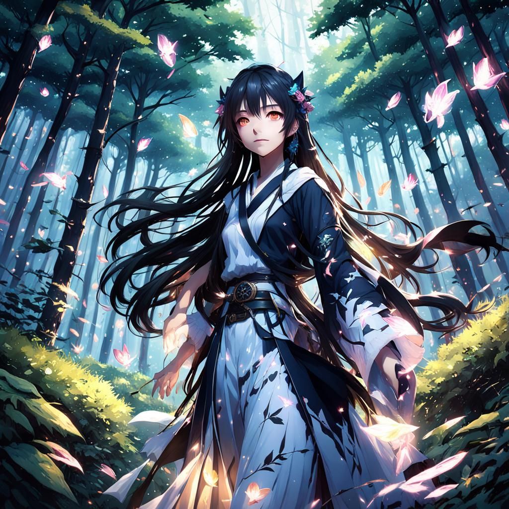 a magical forest. Black hair girl. By artist "anime", 3d ani...