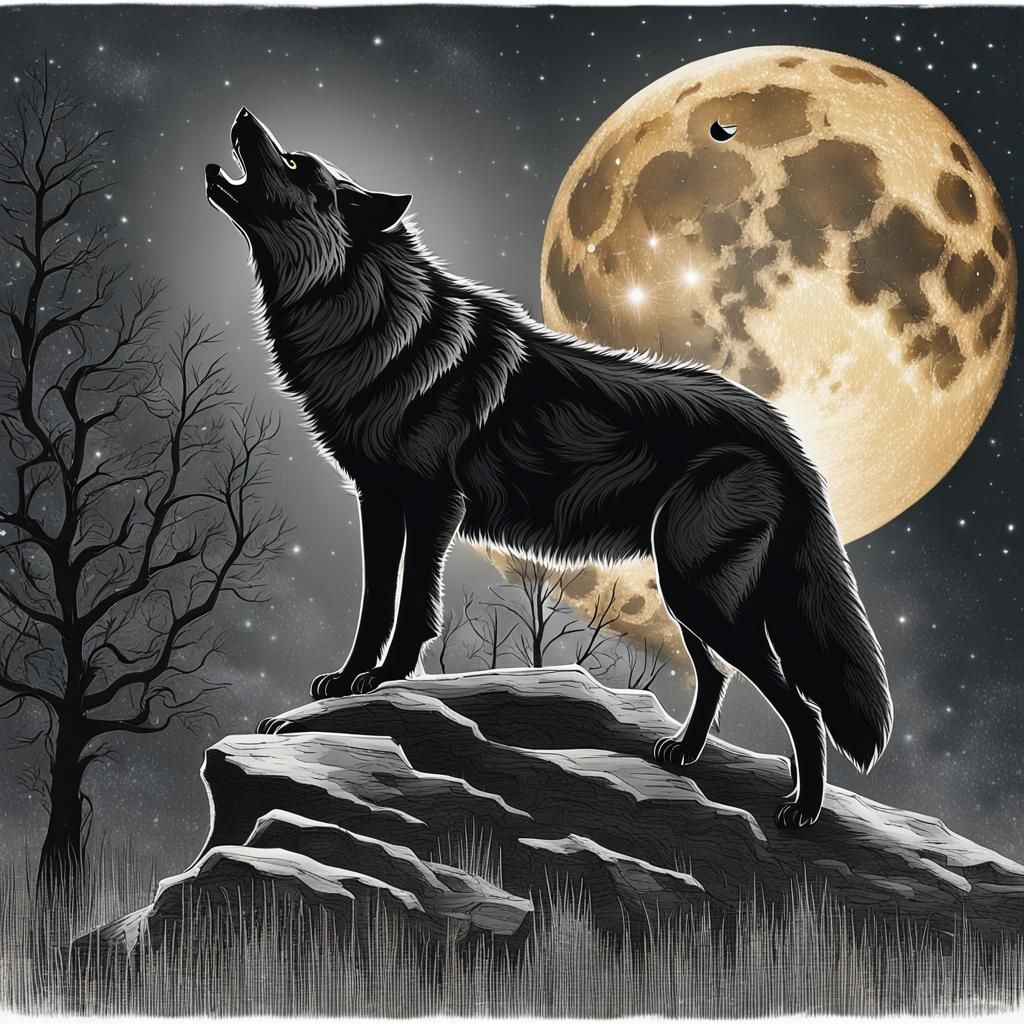 Black Wolf Howling at the Moon