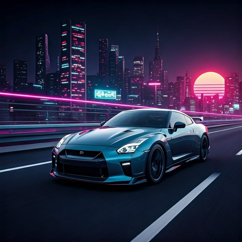 nissan r35 gtr NISMO on a retrowave themed highway