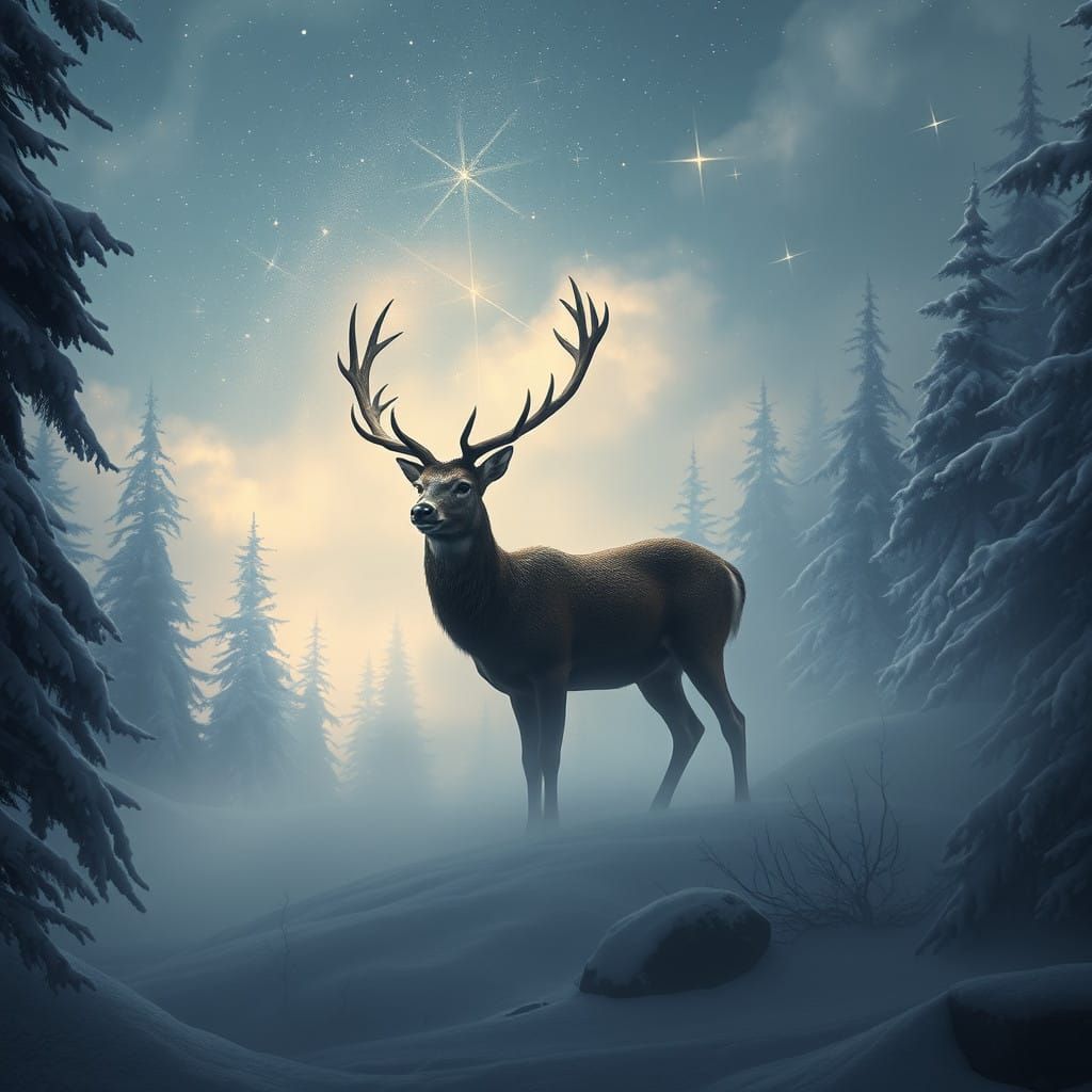 Regal Deer in Winter Wonderland, Majestic Antlers, Eerie Fog...