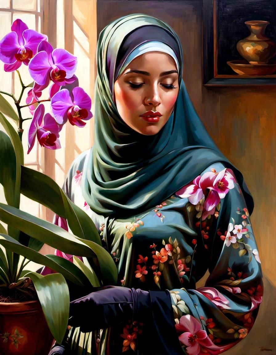 Pregnant Girl in Hijab with Orchids, Oil Painting