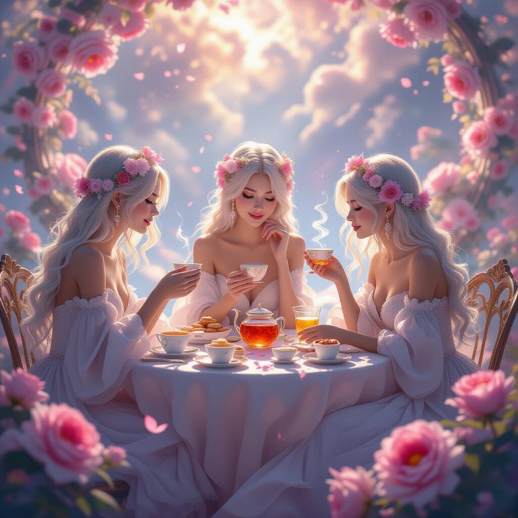 Celestial Tea Party in Space, Art Nouveau Style