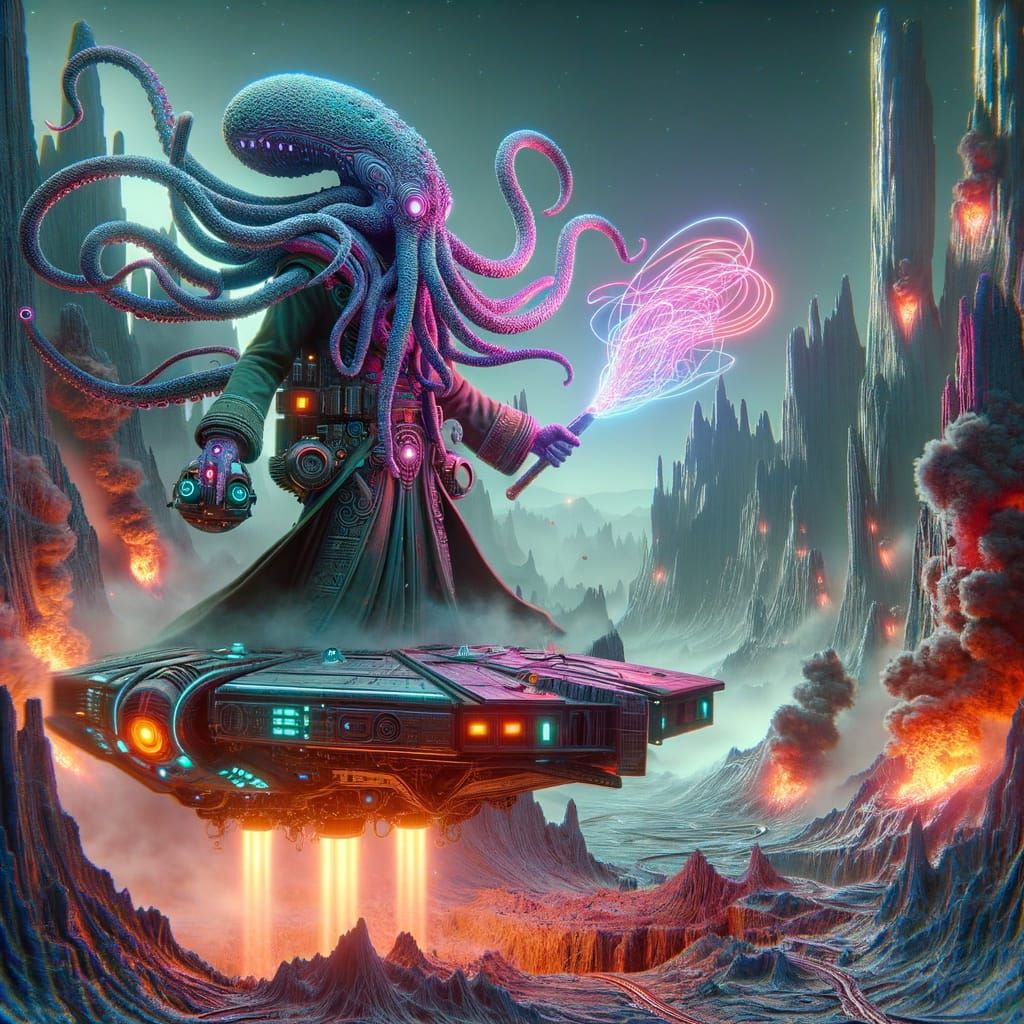 Surreal Retro-Futuristic Alien Embarks on a Dark Cosmic Odys...