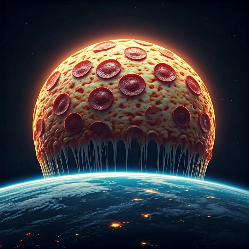 Hyper-Realistic Pizza Moon in Night Sky