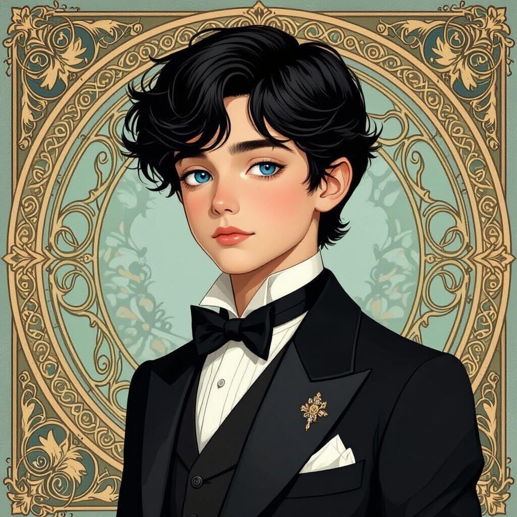 Elegant Boy with Sleepy Eyes in Mucha Style