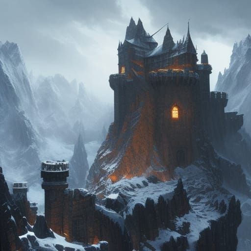 Dark Fantasy Ravenwing Fortress on Snowy Mountain