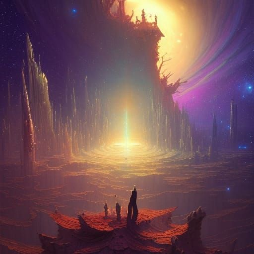 Vibrant Night Sky: Stars and Galaxies in Detailed Surrealism