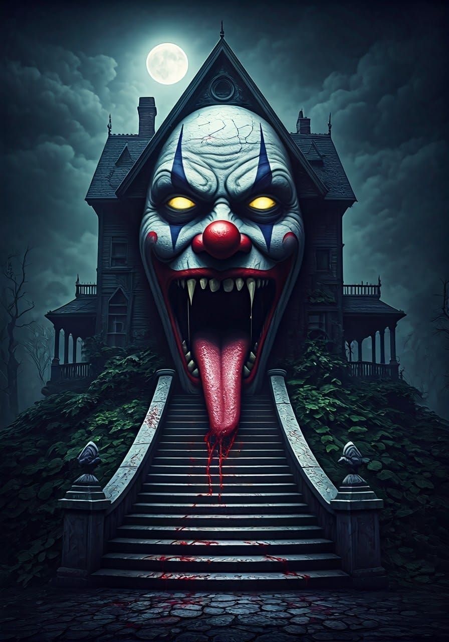 Menacing Clown Haunted House in Dark Fantasy Style