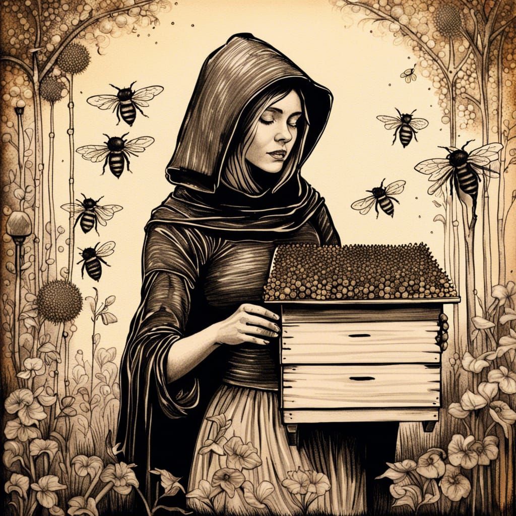Medieval Apiary Scene in Waterhouse Style