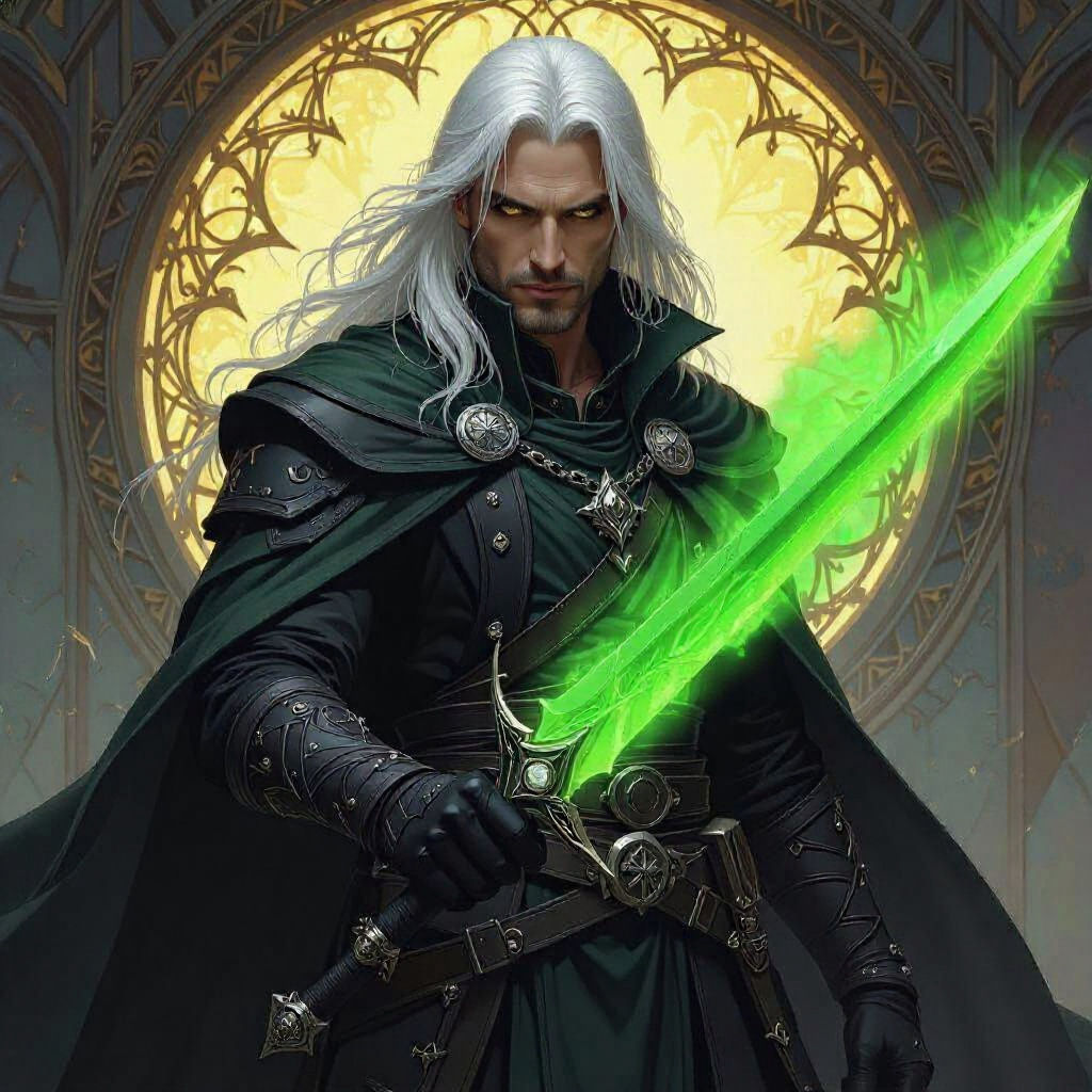 Warlock Traveling Merchant with Magic Sword, Dark Fantasy Ar...