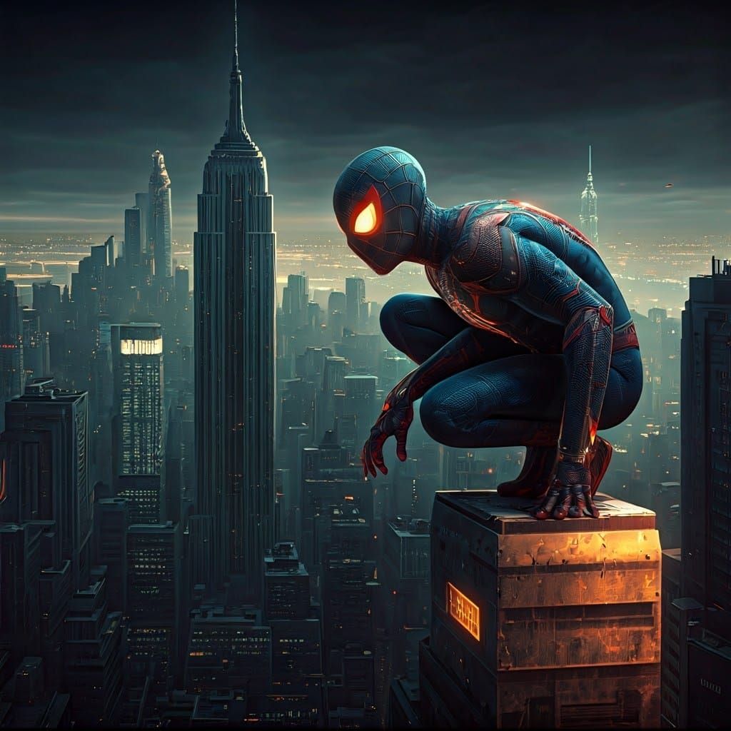 Futuristic Spiderman on Neon Skyscraper in Cyberpunk Style