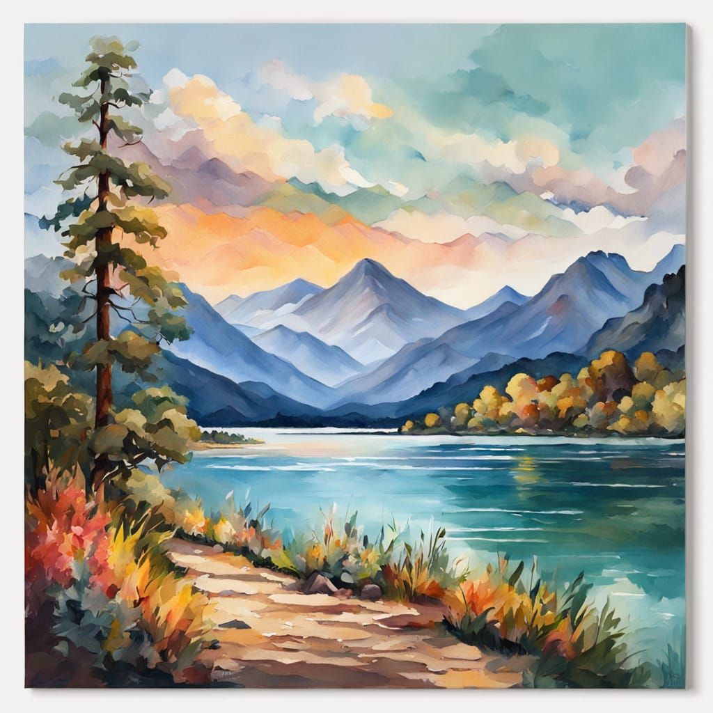 Impressionist Masterpiece of a Serene Clear Lake Landscape