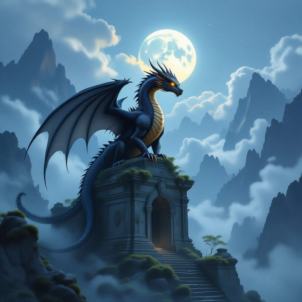 Ancient Dragon on Ruined Temple in Misty Mountains