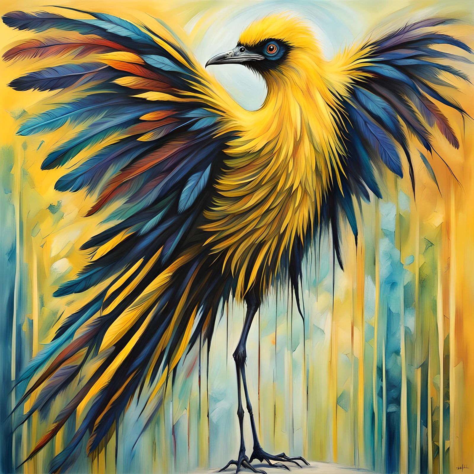 Yellow Bird with Long Legs in Post-Impressionistic Style