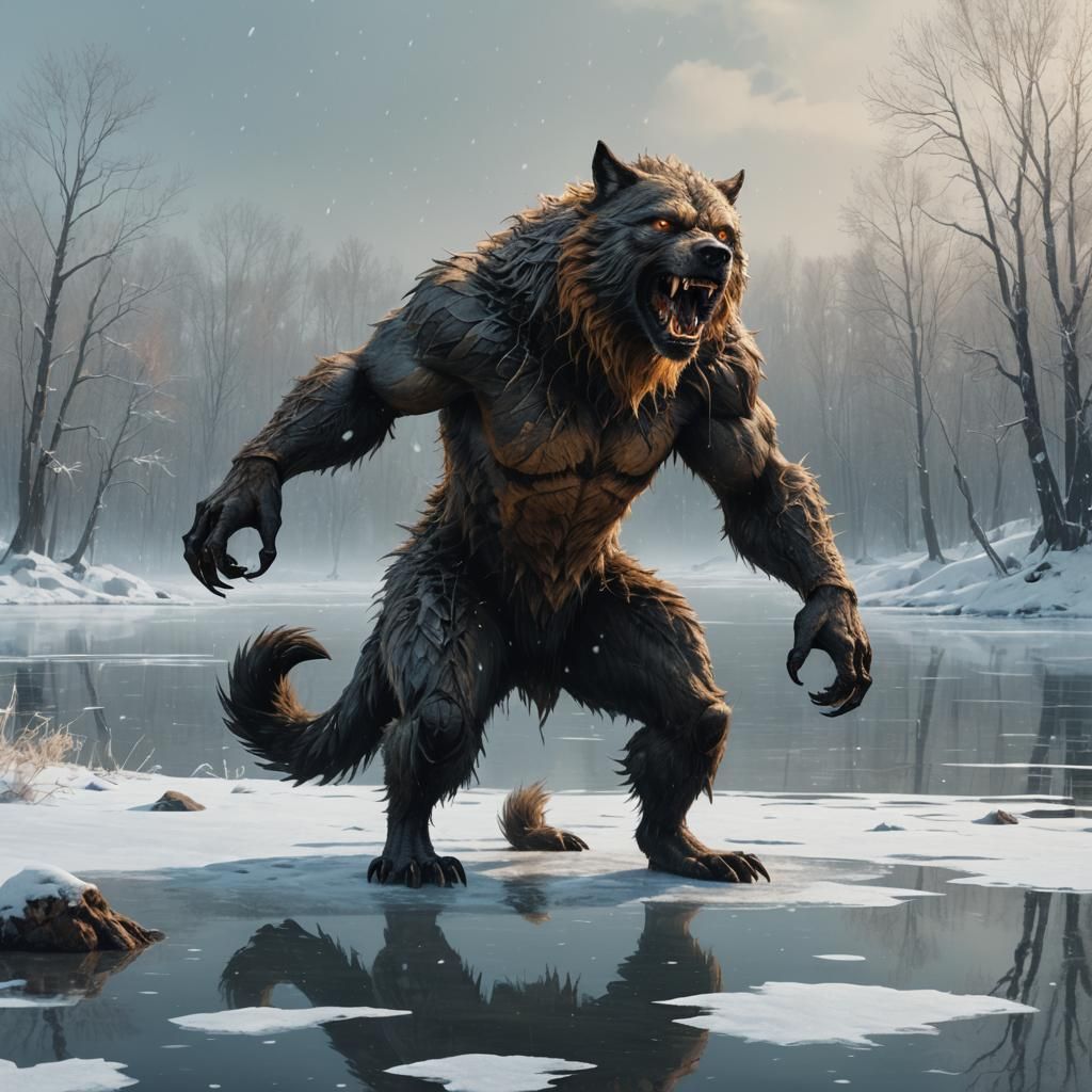 Ferocious Werewolf in Frozen Lake: Fantasy Concept Art
