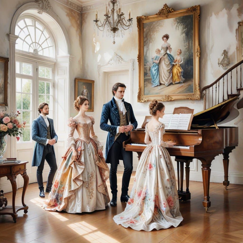 Baroque Family Scene in Watercolor Style