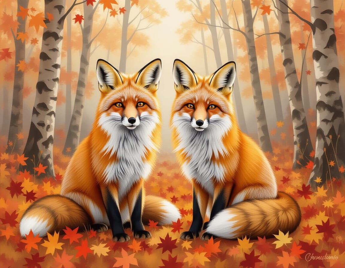 Two Foxes in Autumn Forest