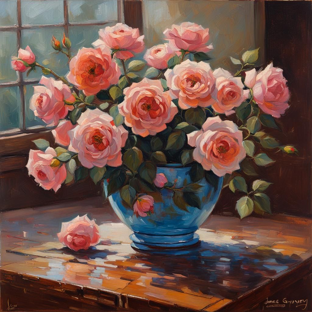 Roses in a Vessel: Oil Painting