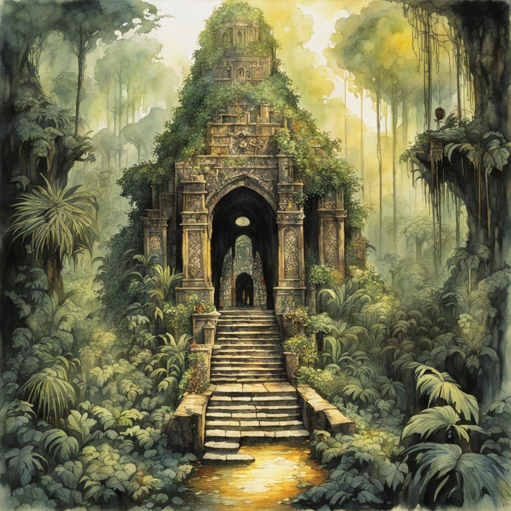 Mysterious Jungle Sanctuary in John Blanche Aquarel Style