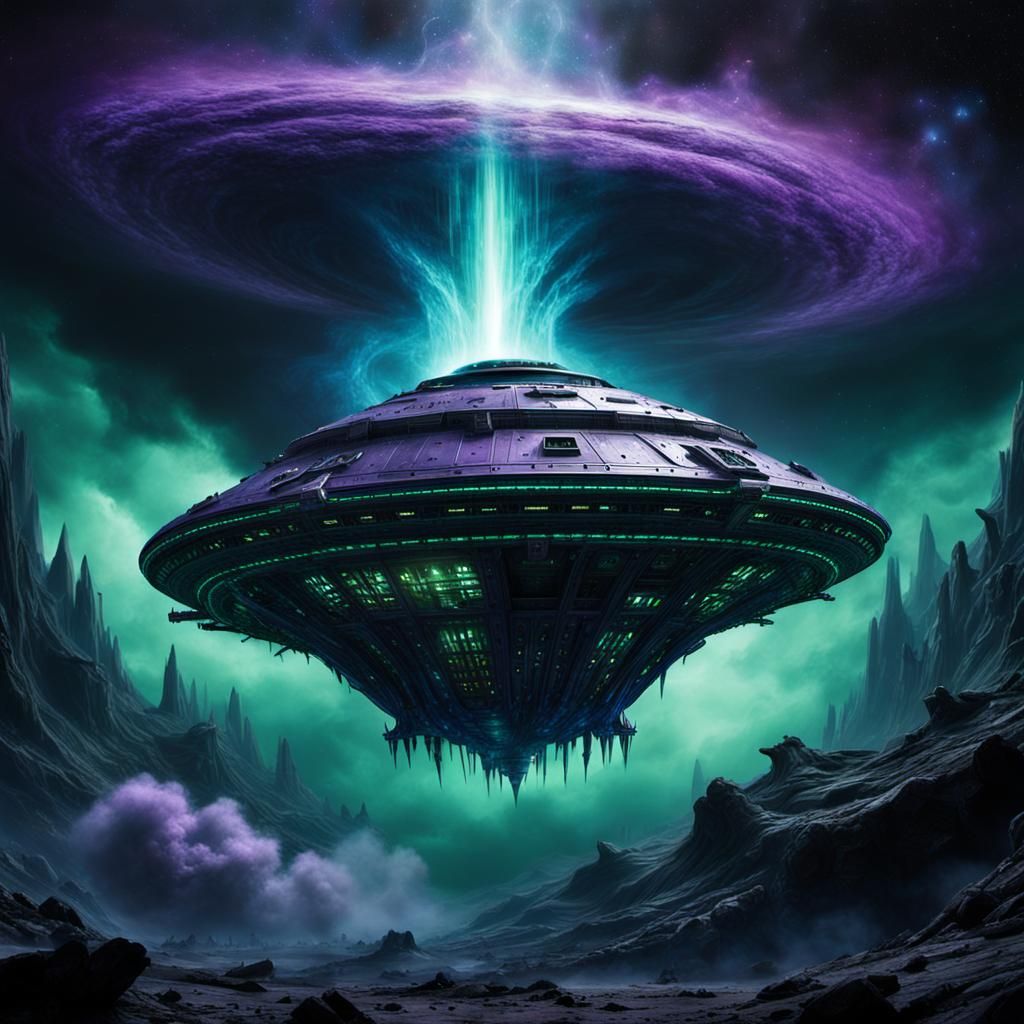 Ominous Spacecraft Emerges from Dystopian Nebula in Dark, Gr...