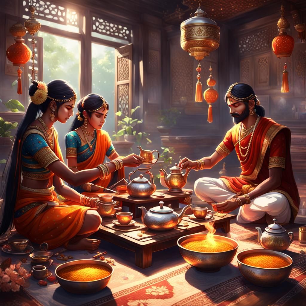 Detailed 3D Anime Art of Indian Tea Ritual