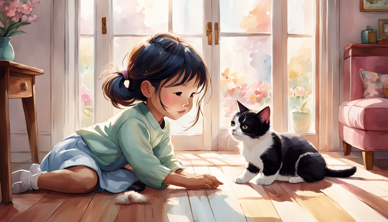 Watercolor Illustration of Girl, Puppy, and Cat