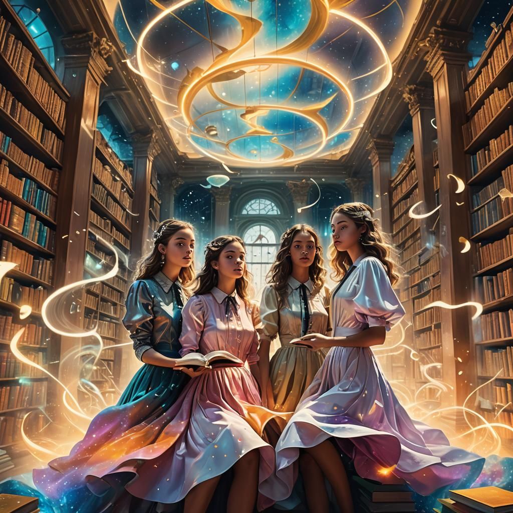 Girls in a Glowing Dream Library, Surreal Digital Art
