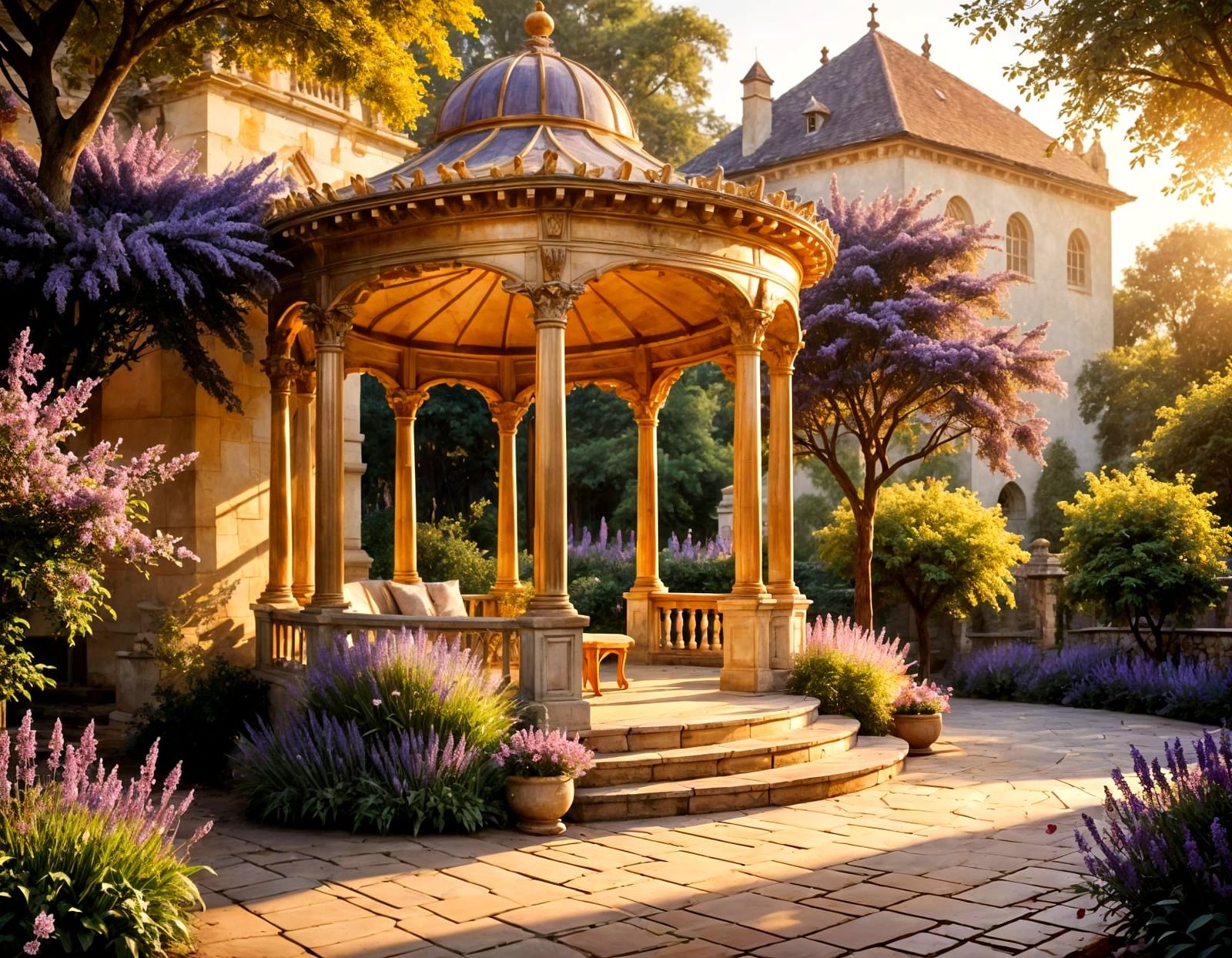 Dreamy Courtyard with Floral Canopy in Painterly Style