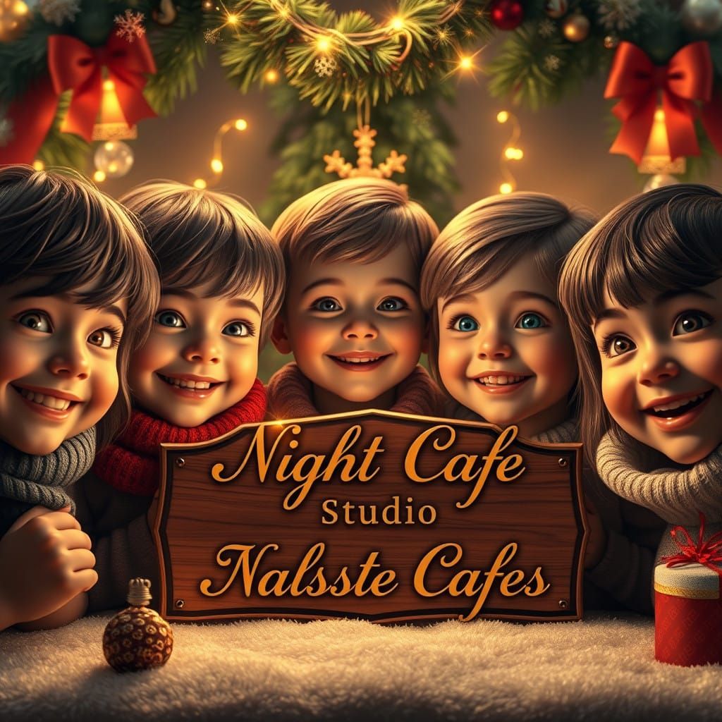 Cheerful Children Gather Around Whimsical Christmas Decorati...