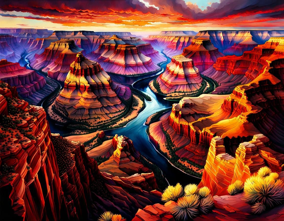 Grand Canyon Digital Watercolor Landscape Illustration