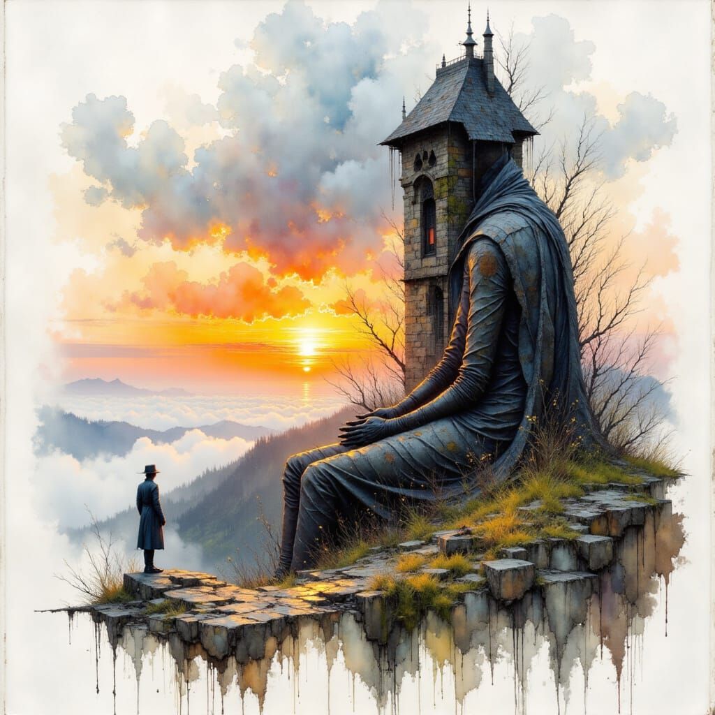 Iron Giant at Sunrise: Charcoal and Watercolor