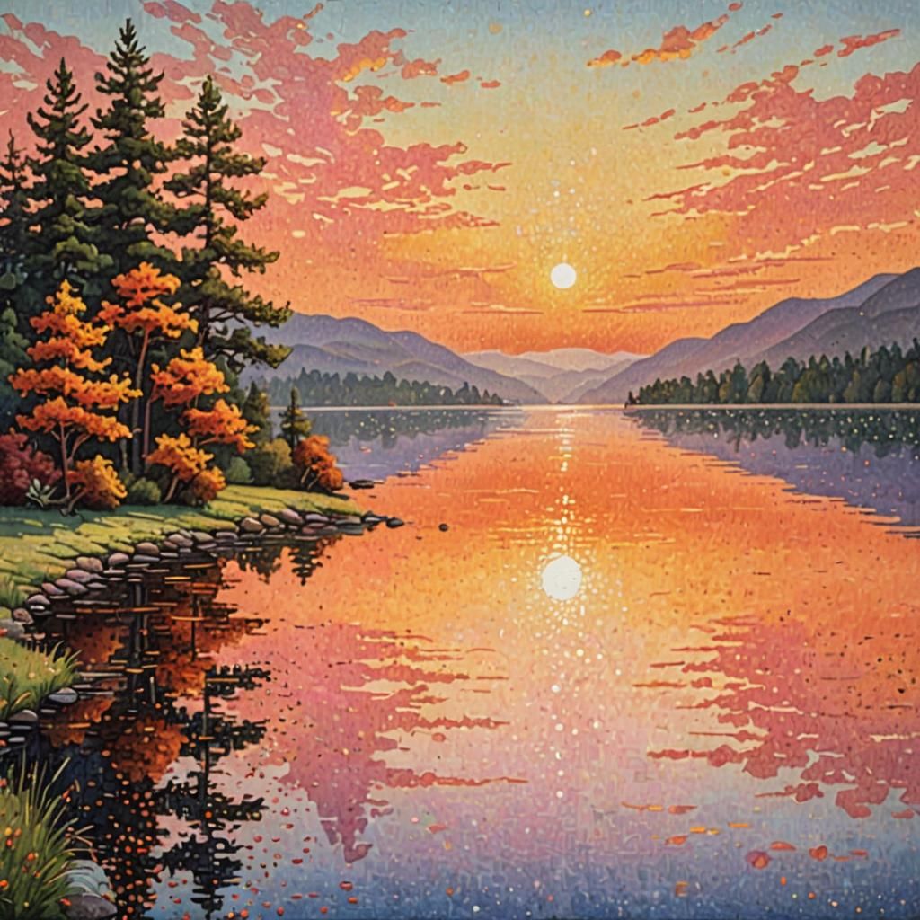 Pointillist Sunset Over Still Lakeside Landscape