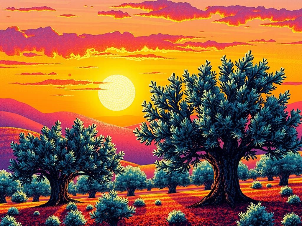 Palestinian Olive Grove in Pointillist Style