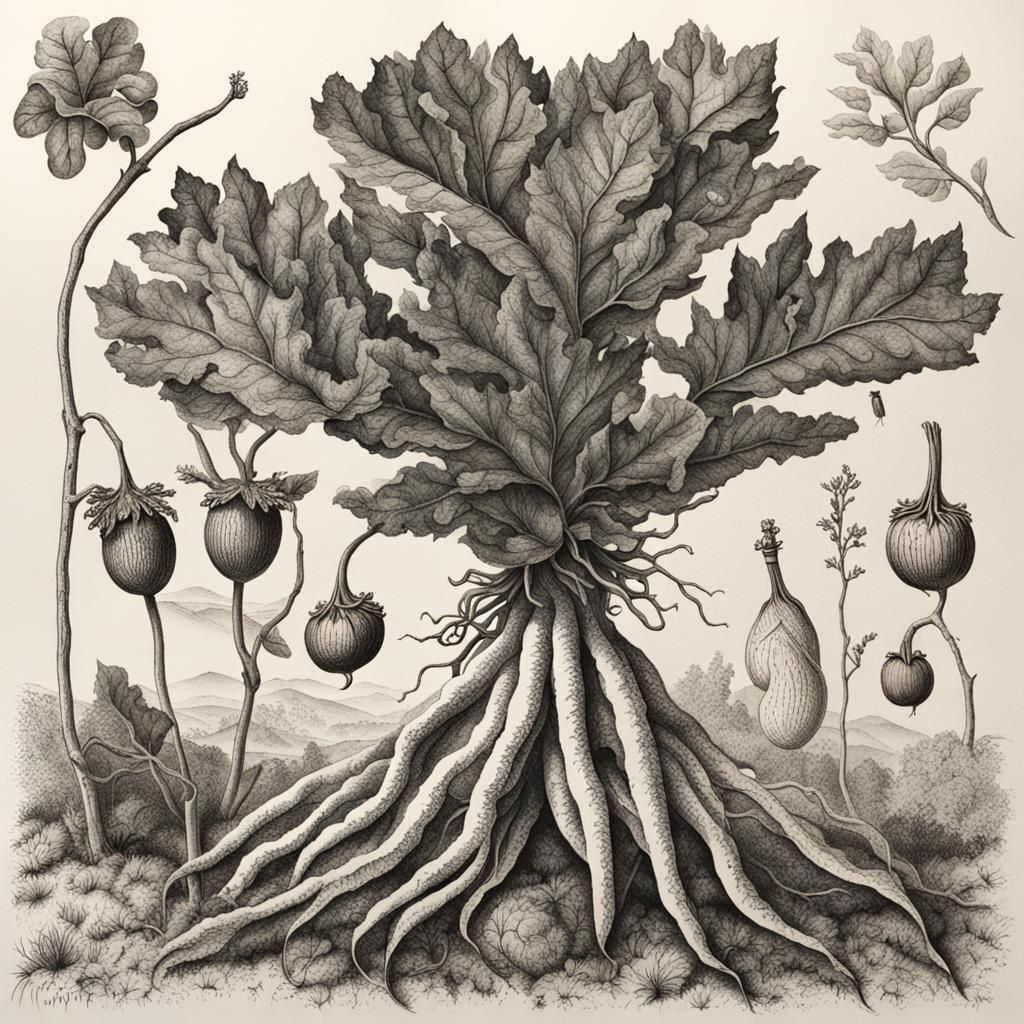 Fruiting Mandrake: Botanical Ink Drawing