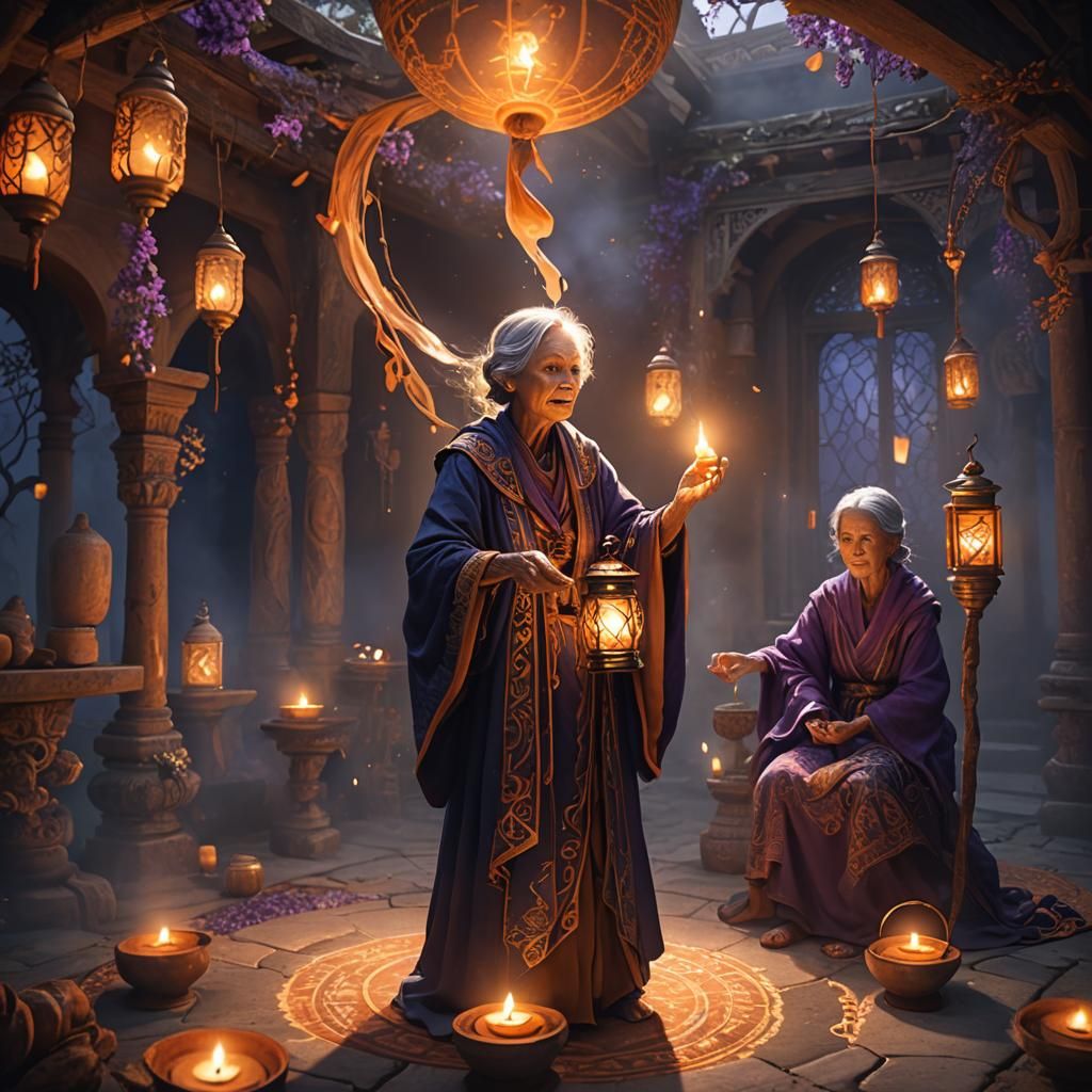 Elderly Woman's Healing Ritual in Magical Realism Style