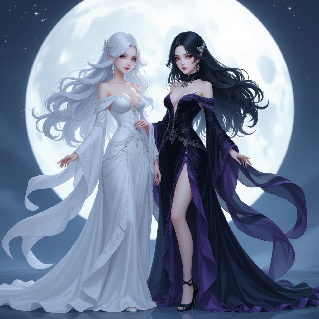 Ethereal Moon Empress and Night Leaning Moon in 3D Anime Art