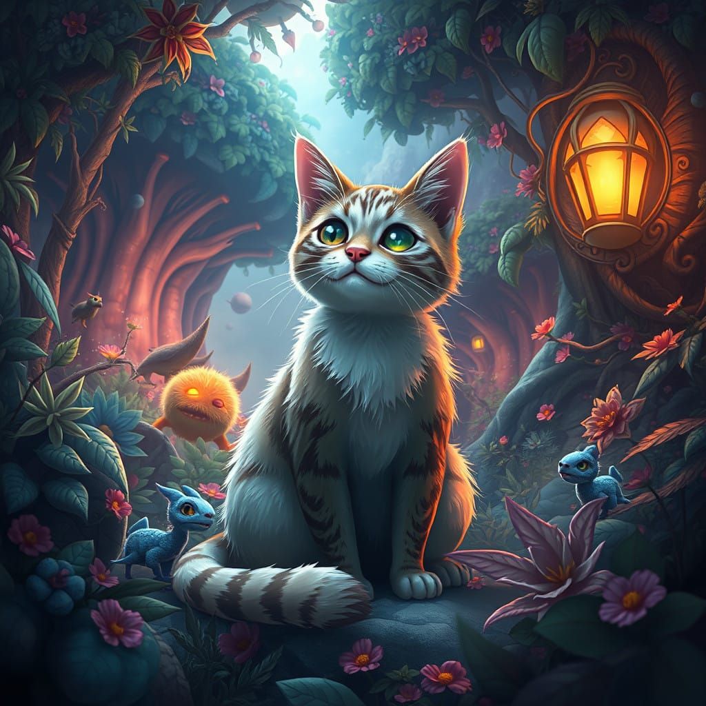Whimsical Feline in a Vast Fantasy Realm