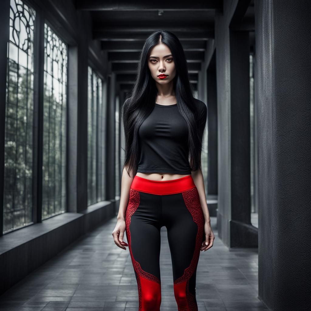 Hyperrealistic Girl in Red Leggings: Detailed 64MP Image