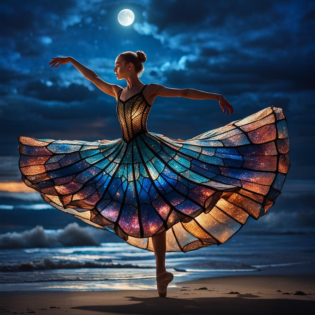 A ballerina wearing a stained glass dress pirouetting on the...