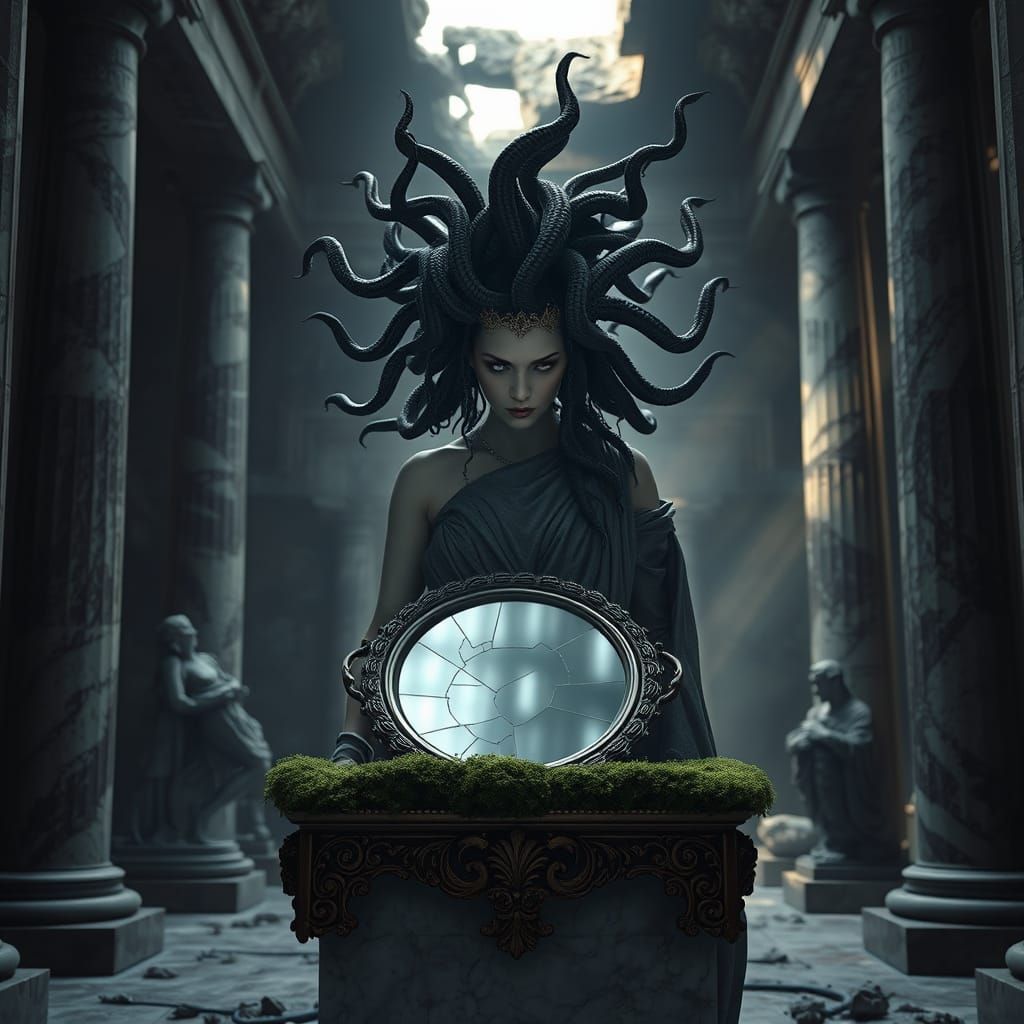 Medusa in Ruined Temple, Hyper-Realistic 3D Render