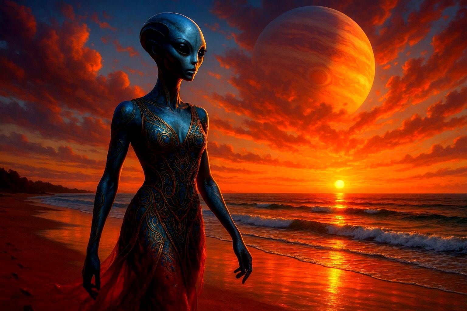 Photorealistic Alien Woman on Beach at Sunset