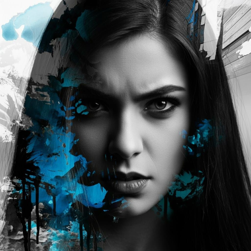 Abstract Duotone Portrait with Watercolor Textures